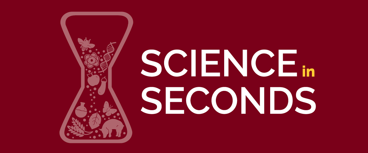 Maroon background with the words "Science in Seconds" next to a beaker. 