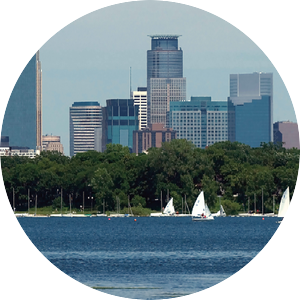 Minneapolis skyline and lake. 