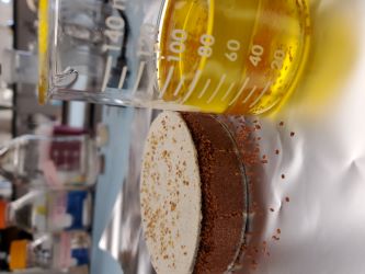 Pressed camelina seed cake and oil. 