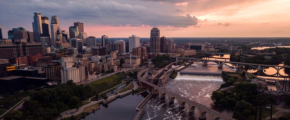 Minneapolis skyline and riverfront.