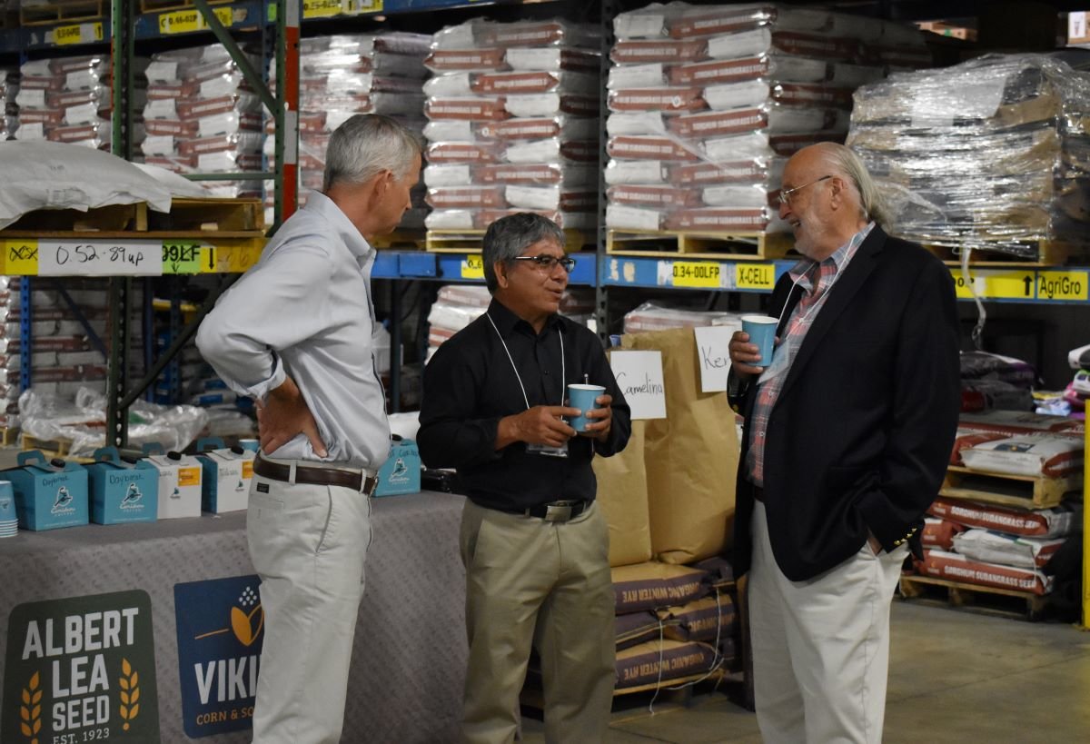 Mac Ehrhardt, president of Albert Lea Seed (left), Reginaldo Haslett-Marroquin, founder of Regenerative Agriculture Alliance (middle), and Dr. Don Wyse, co-founder of the University of Minnesota’s Forever Green Initiative (right).