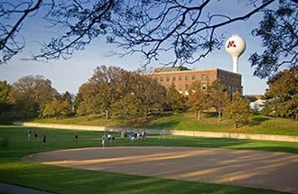 Students gather outside near the St. Paul U of M water tower.