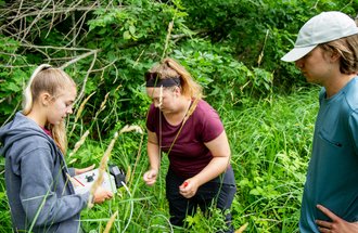 Undergraduate students conduct research in the field.