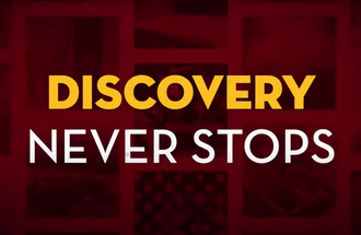 Maroon background with the words, "Discovery Never Stops."