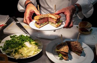 Soy burger in a restaurant kitchen.